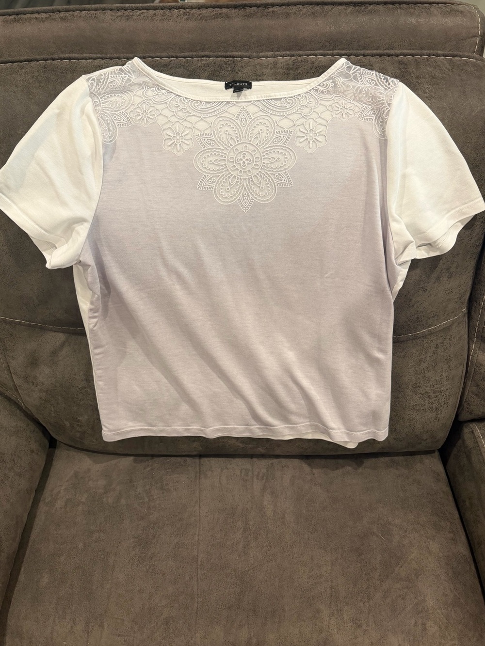 Talbots White Short Sleeve Tee with Lace Yoke